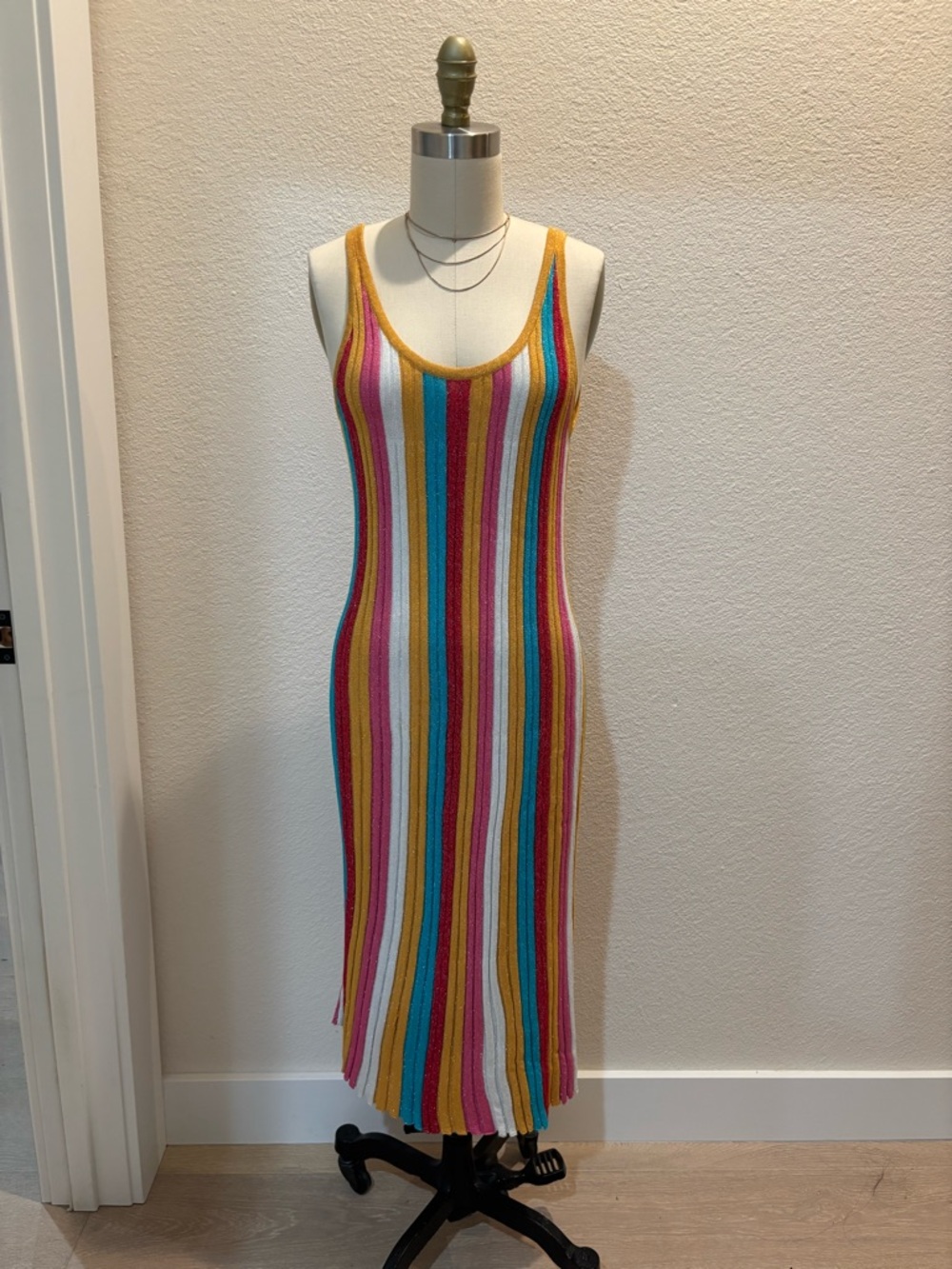 New York & Company Multicolor Stripe Knit Midi Dress - Yellow, Pink, Blue
